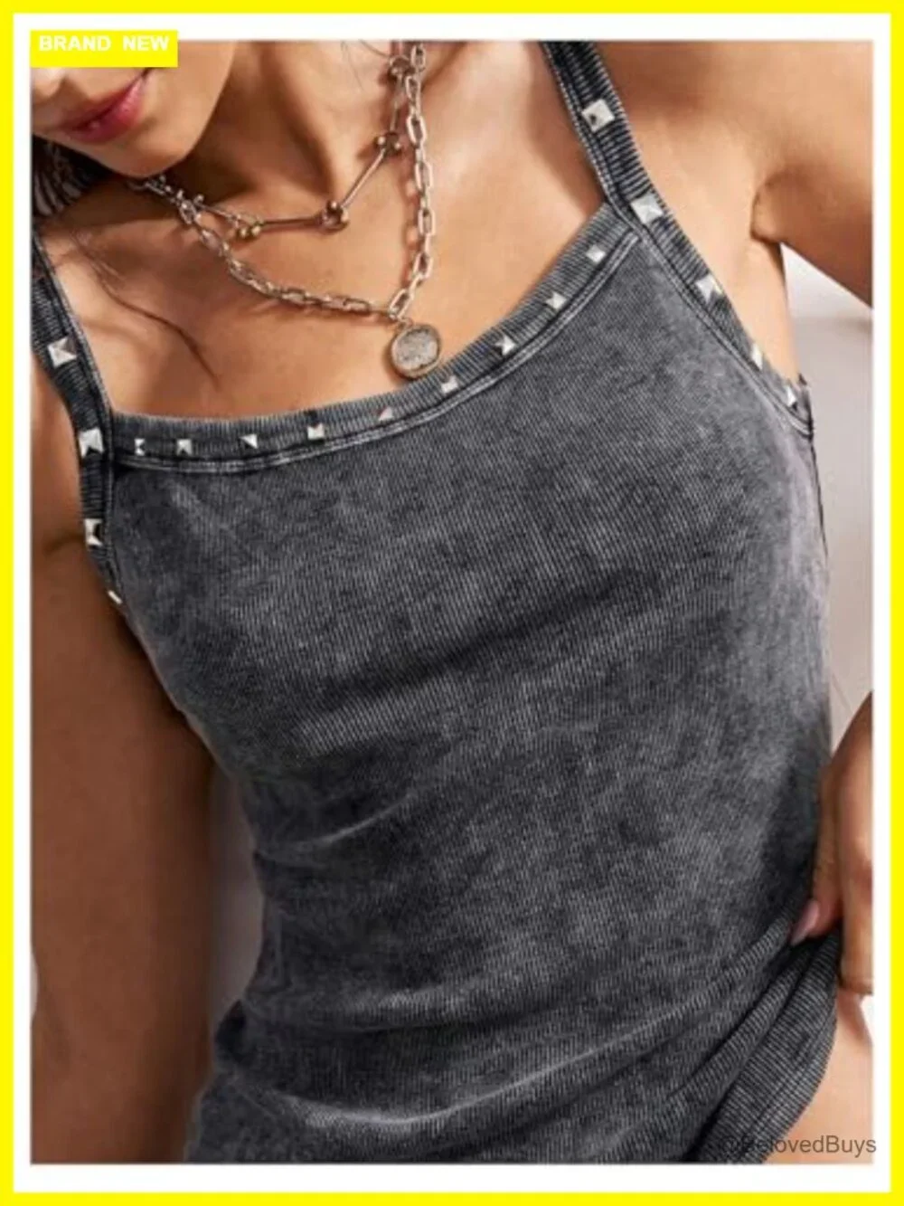Studded Washed Tank Top Sleeveless Scoop Neck Slim Fit Low Back